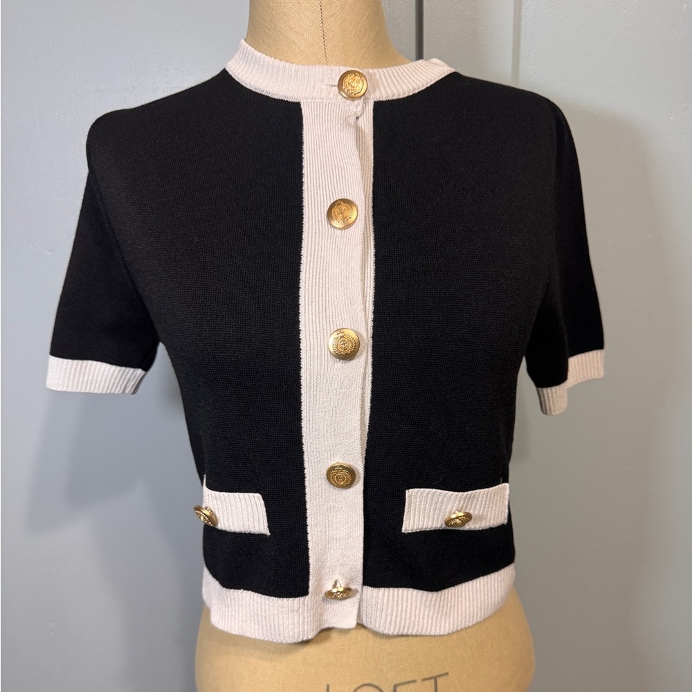 H&M Black and Cream Cardigan with Gold Accents